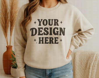 Gildan 18000 Sand Sweatshirt Mockup | G180 Sand Crewneck Mockup | Model Mock | Gildan 180 Beige Tan Sweater | Casual Neutral Simple Mock-up