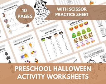 May include: A set of 10 preschool Halloween activity worksheets featuring tracing exercises, scissor practice sheets, matching games, and coloring pages with illustrations of ghosts, pumpkins, witches, and candy, all printed on white paper.