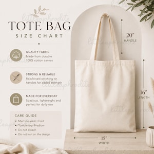 May include: A cream-coloured tote bag with a 50.8 cm handle, 40.6 cm length, and 38.1 cm width. Made from 100% cotton canvas, it has reinforced stitching. The image includes a size chart and care instructions.