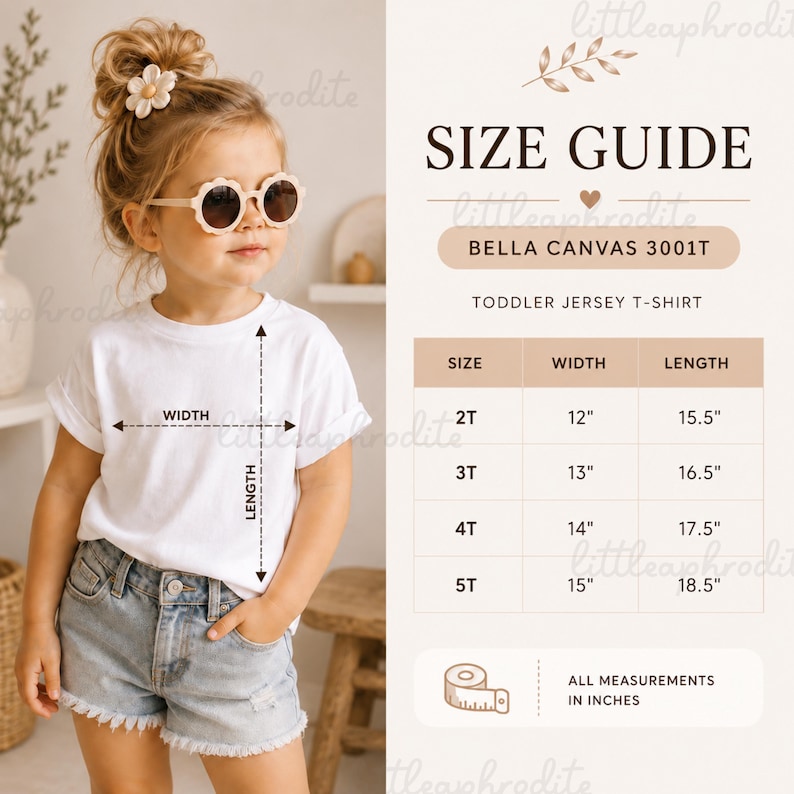 May include: A white toddler jersey t-shirt size guide for Bella Canvas 3001T. The chart lists sizes 2T through 5T with corresponding widths and lengths in inches. A child wears a white t-shirt, light blue denim shorts, and flower-shaped sunglasses.