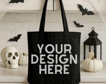 Black Tote Bag Mockup, Halloween Canvas Bag Mock-up, Disco Ball Aesthetic Mockup, Ghost Shopping Bag Mock-up, Trendy Pumpkin Fall Catch All