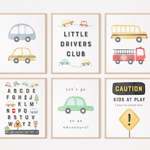 Transport Nursery Prints, Boy Nursery Cars, Kids Room Wall Art Bundle, Cars Trucks Bus Vehicles Playroom Set of 6 Posters, Digital Download