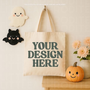 Halloween Canvas Tote Bag Mockup, Canvas Natural Shopping Bag Mockup, Spooky Season Mockup, Trick Or Treat, Mockup Template Download