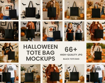 Bundel met meer dan 60 mockups van zwarte draagtassen, Halloween draagtas mockups, Printify draagtas mockups, herfst draagtas mockups, Halloween draagtas mockups