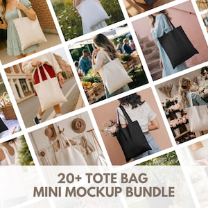 Puede incluir: Una colección de bolsas de tela en colores blanco y negro, mostradas en diversos entornos como mercados al aire libre, calles urbanas y espacios interiores. La imagen incluye el texto 20+ TOTE BAG MINI MOCKUP BUNDLE en marrón.