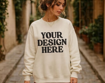Gildan 18000 Mockup, Sand Gildan Sweatshirt Mockup, Trendy G180 Sand Crewneck Mock-up, Oversized Sweater Mockup Outdoors Lifestyle Mockup
