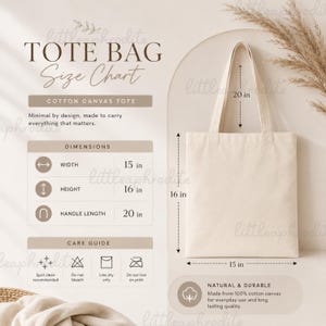 May include: A beige cotton canvas tote bag displayed with a size chart. The chart indicates a width of 15 inches, a height of 16 inches, and a handle length of 20 inches. The graphic includes care instructions and text detailing the bag dimensions.