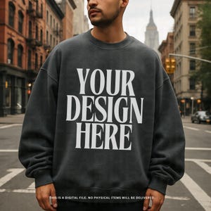 Gildan 18000 Dark Heather Mockup, Gray Sweatshirt Mock-up, Front of Oversized Grey Crewneck, G180 Heather Outdoor Lifestyle Streetwear Mocks
