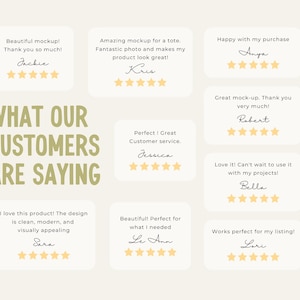 May include: A graphic display titled WHAT OUR CUSTOMERS ARE SAYING featuring eight individual customer reviews. Each review includes a five-star rating, a customer name in script font, and text praising the product, mockups, and customer service.