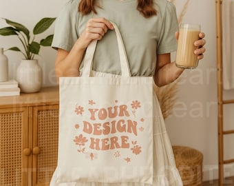 Canvas Tote Bag Mockup, Natural Shopping Bag Mockup, High-Res Blank Tote Mockup, Boho Woman Model Digital Mockup Template Print On Demand