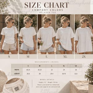 Op de afbeelding: Een maattabel voor een Comfort Colors relaxed t-shirt met vijf afbeeldingen van hetzelfde shirt in de maten S tot 2X. De tabel bevat breedte- en lengtematen in inches en modeldetails met een lengte van 5'4" en een gewicht van 120 lbs.
