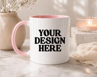 Pink handle 11oz mug mockup, boho mug mockups, pink valentine mock ups, 11 oz coffee mug mockup, love mug photo template, model mock ups