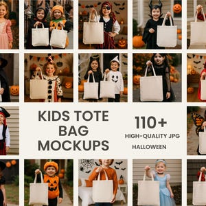 May include: A collection of kids dressed in Halloween costumes holding blank tote bags. The image includes the text "KIDS TOTE BAG MOCKUPS" and "110+ HIGH-QUALITY JPG HALLOWEEN". The bags are a neutral color, perfect for custom designs.