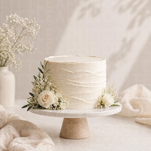 May include: A white frosted cake with floral decorations, presented on a marble cake stand. The cake is decorated with white roses, greenery, and small white flowers. The cake stand has a beige base and a white marble top.