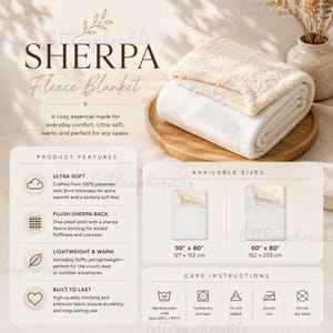 Può includere: Una coperta in pile sherpa bianca piegata con uno strato superiore testurizzato color crema. Il grafico informativo del prodotto mostra le caratteristiche, le istruzioni per la cura e due dimensioni: 127 cm per 152 cm e 152 cm per 203 cm.