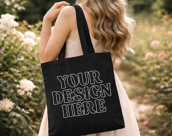 Black Tote Bag Mockup - Lifestyle Mockup, Canvas Tote Bag Mock, Print on Demand Mock, Black Canvas Tote Bag Mockup, Black Tote Bag Mock