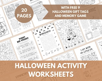 May include: A collection of 20 black and white Halloween activity worksheets featuring word searches, mazes, coloring pages, and I Spy games. The pages include illustrations of pumpkins, ghosts, bats, and candy, along with text for gift tags.