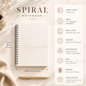 May include: A white spiral notebook with a printed cover, 6 x 8 inches (15.2 x 20.3 cm), featuring 118 ruled pages. It has a dark grey back cover, metal spiral binding, and an inner document pocket. Includes a gold pen.