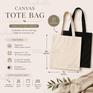 Puede incluir: Bolsas de lona en color natural y negro. Fabricadas en 100% algodón, con asas de 51 cm. Las bolsas miden 38 x 41 cm. La imagen también incluye instrucciones de cuidado.