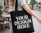 Black Tote Bag Mockup - Lifestyle Mockup, Canvas Tote Bag Mock, Print on Demand Mock, Black Canvas Tote Bag Mockup, Black Tote Bag Mock