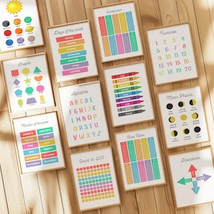 Lot de 20 affiches éducatives, décoration Montessori pour salle de classe, arc-en-ciel vibrant, impression pour chambre d'enfant, école à la maison, décoration imprimable pour salle de jeux pour tout-petits