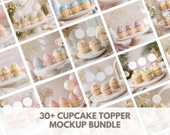 Cupcake Topper Mockup Bundle, Födelsedagstårta Mockup Födelsedagsfest Baby Shower Möhippa Bröllopsdag JPG Digital, Cupcake Mockup