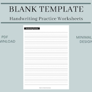 Puede incluir: Una hoja de trabajo de práctica de escritura a mano imprimible en blanco y negro con el texto "Handwriting Practice" en la parte superior. La hoja de trabajo tiene 25 líneas para practicar la escritura. El texto "PDF DOWNLOAD" está en la esquina inferior izquierda y "MINIMALIST DESIGN" está en la esquina inferior derecha.