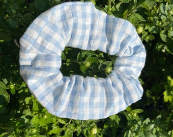 Blue and White Gingham Scrunchie Hair Accessory
