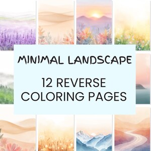Puede incluir: Una colección de 12 páginas para colorear inversas con diseños de paisajes minimalistas. Las páginas muestran ilustraciones en acuarela de varias escenas, incluyendo campos de lavanda, puestas de sol y cadenas montañosas. Se muestra el texto "MINIMAL LANDSCAPE" y "12 REVERSE COLORING PAGES".