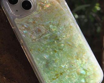 Green Abalone Shell iPhone Case: Spring Sprout Design, Handmade Resin Art