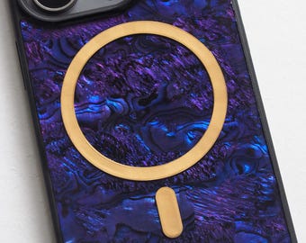 紫色のアワビ貝のiPhoneケース：樹脂製パールモザイク、MagSafe対応