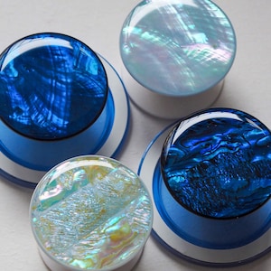 Puede incluir: Cuatro tapones redondos iridiscentes con un acabado brillante. Dos son azul oscuro, uno es azul claro y otro es una mezcla de amarillo y azul. Cada tapón se asienta sobre una base blanca con un anillo azul.