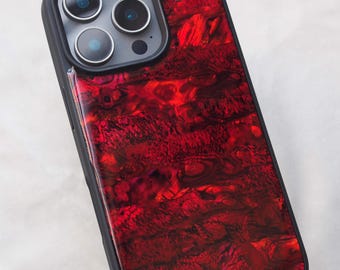 バーガンディレッドのアワビ貝のスマホケース、手作りの樹脂製スマホカバー、ゴシック