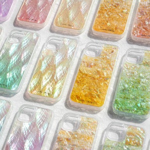 Custodia per telefono in vera madreperla e conchiglia di abalone per iPhone 16 15 14 13 12 Pro Max / Cover in resina trasparente / Regalo fatto a mano carino, unico e colorato