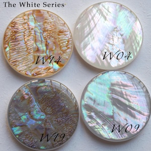 May include: Four round, iridescent mother-of-pearl shell pieces with the text "The White Series". Each piece has a unique pattern and is labeled with a "W" followed by a number: W14, W04, W19, and W09. The shells display a range of colors.