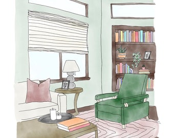 5x7 Living Room 3, Wall Art, Watercolor Print, Minimalistic, Interior Design, Plants