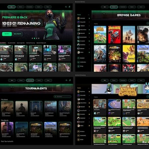 May include: Four screenshots of a gaming website interface. The top left shows a countdown and a character graphic. The top right displays game covers. The bottom left shows tournament listings. The bottom right features Animal Crossing game graphics.