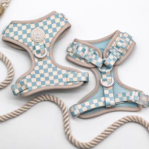 May include: Two blue and white checkered dog harnesses with a beige rope leash. The harnesses have a  "Bop Pop" logo on one of them.