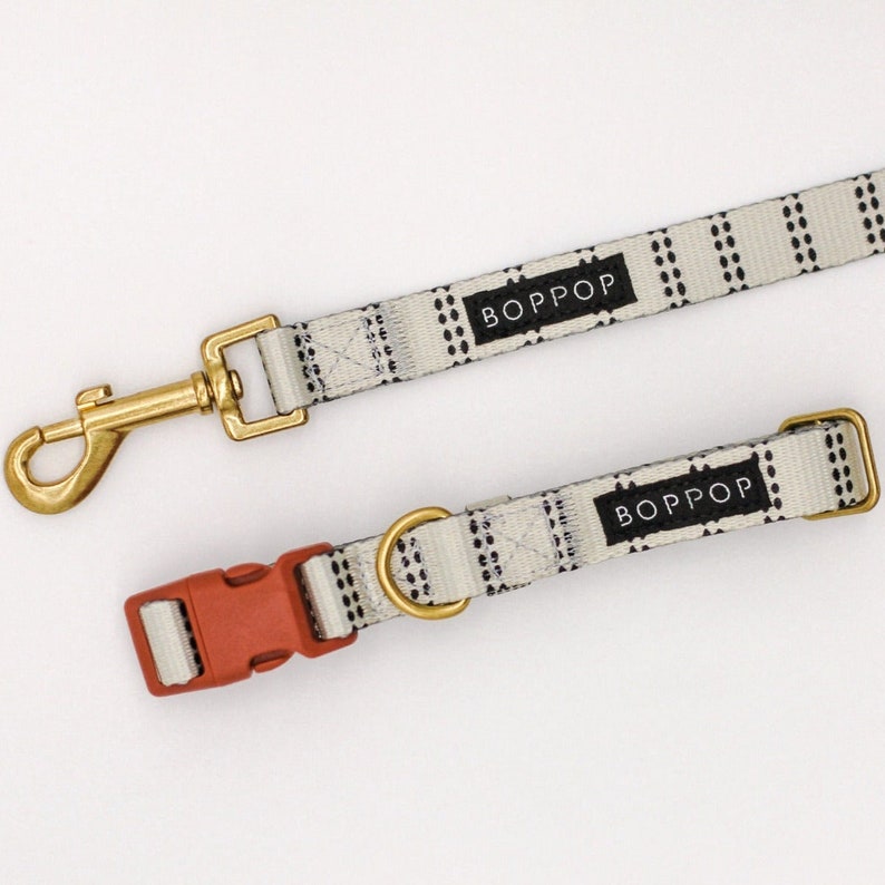 London Dog Collar Boho chic modern farmhouse sienna rust buckle antique gold zinc alloy brass hardware. Dot line pattern dog collar small medium large dogs with style. Leash and collar