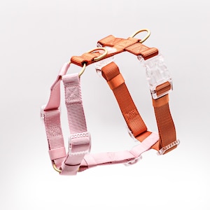 May include: A pink and orange adjustable dog harness with clear plastic buckles and gold metal rings.