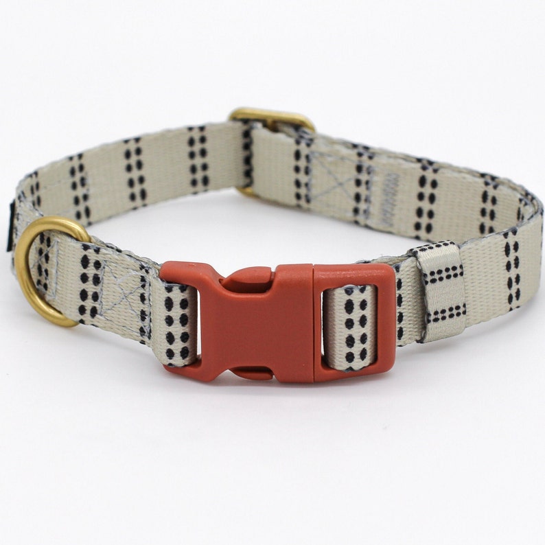 Boho chic modern farmhouse sienna rust buckle antique gold zinc alloy brass hardware. Dot line pattern dog collar small medium large dogs with style