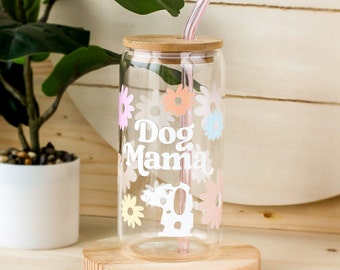 Dog Mama Glass Cup 16 oz | Bamboo Lid + Pink Straw