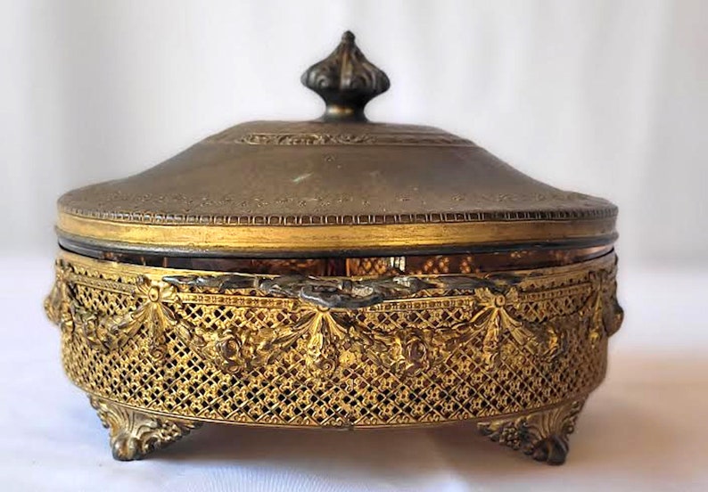 Early 20th C Antique Ornate Filigree Brass Candy Dish With Lid Etsy