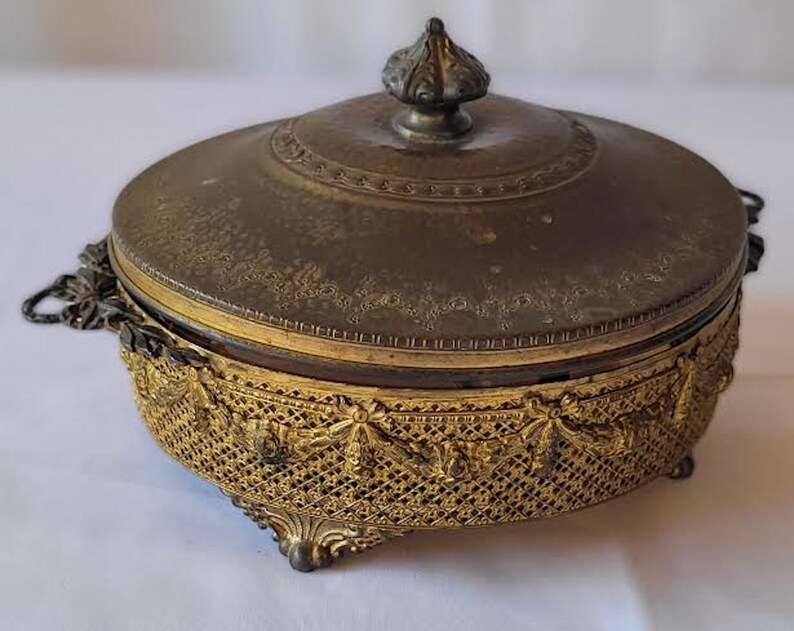 Early 20th C Antique Ornate Filigree Brass Candy Dish With Lid Etsy