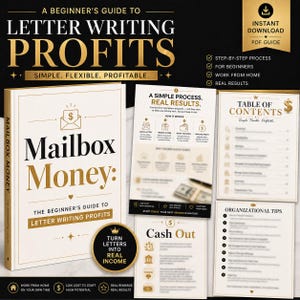 May include: A book titled "Mailbox Money: The Beginner's Guide to Letter Writing Profits" with gold lettering and accents. Accompanying materials include a PDF guide, and informational sheets detailing the process, table of contents, and organizational tips. The theme is about turning letters into income.