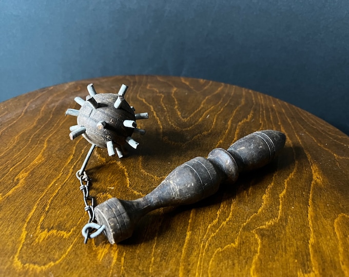 Old Mace Flail Morning Star Medieval Weapon Wood Handle Chain Metal