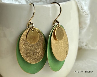 Layered oval earrings in earthy green color. Rustic patina and hammered finish. Handcrafted 14k gold-filled wire.