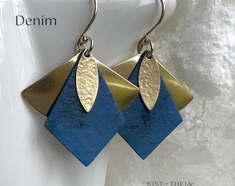 Geometric dangle earrings with 14k gold-filled ear wire. Available in denim or dark teal color.