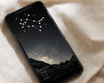 Fondo de pantalla para teléfono del zodíaco Géminis / Fondo de pantalla de bloqueo de constelación astrológica / Descarga digital celestial