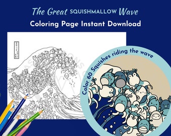 Página para colorir da grande onda de Squishmallow | Página para colorir para adultos, páginas para colorir infantis, páginas para colorir asiáticas, páginas para colorir Squishmallow